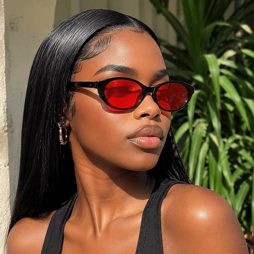 Pair Of Women's Classic Oval Fashion Eyewear, Glossy Black Full Rim Frame With Bold Red Tinted Lens, Retro Minimalist Design With Smooth Temples, Versatile Style, Suitable For Everyday, Work, Parties And All Looks mbzr