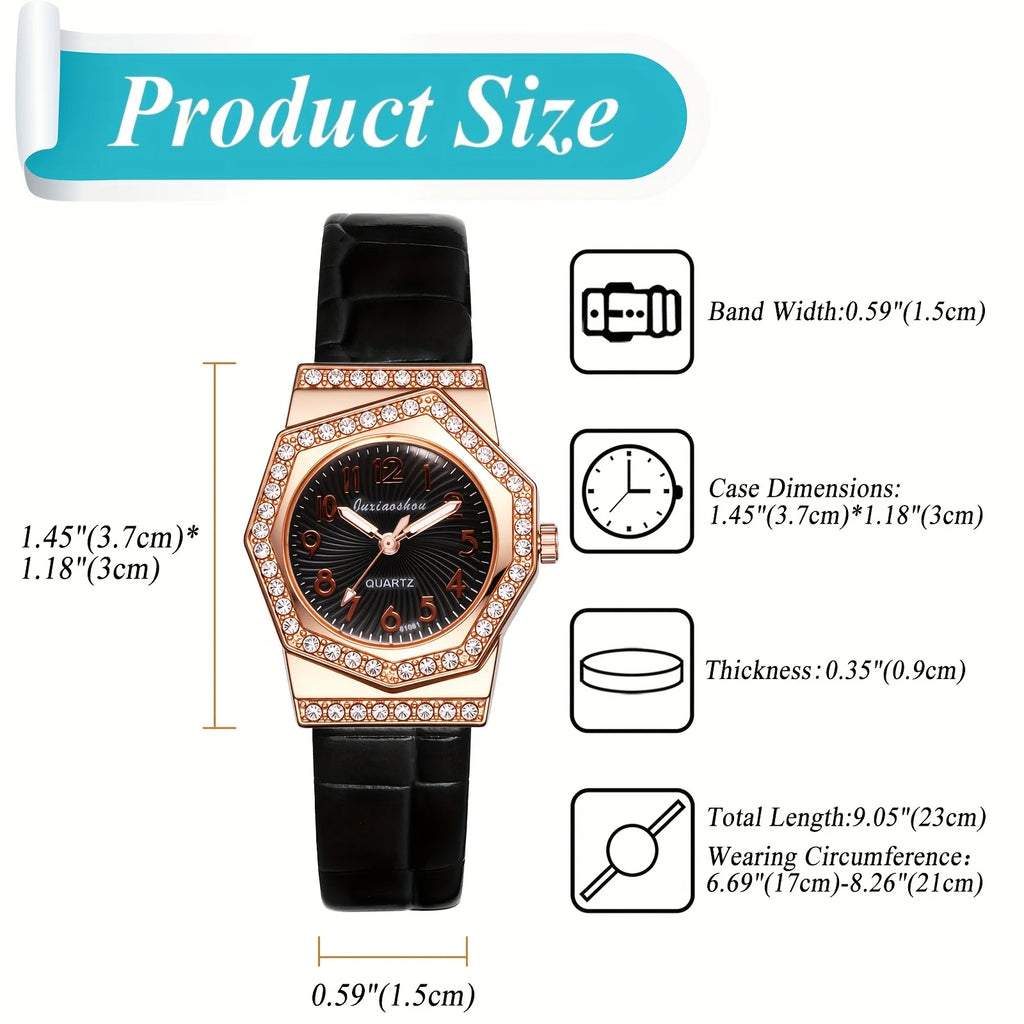 JewelryWe Women's Diamond Octagon Quartz Watch PU Leather