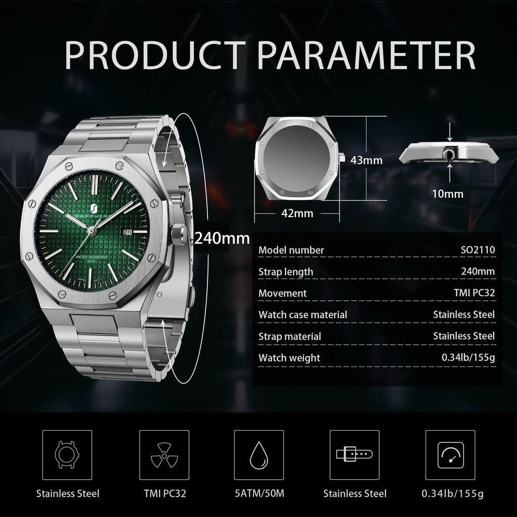 SAPPHERO Men Analog Watch Stainless Steel Quartz Movement Date Display 50M Waterproof Classic Business Casual Wristwatch Gift