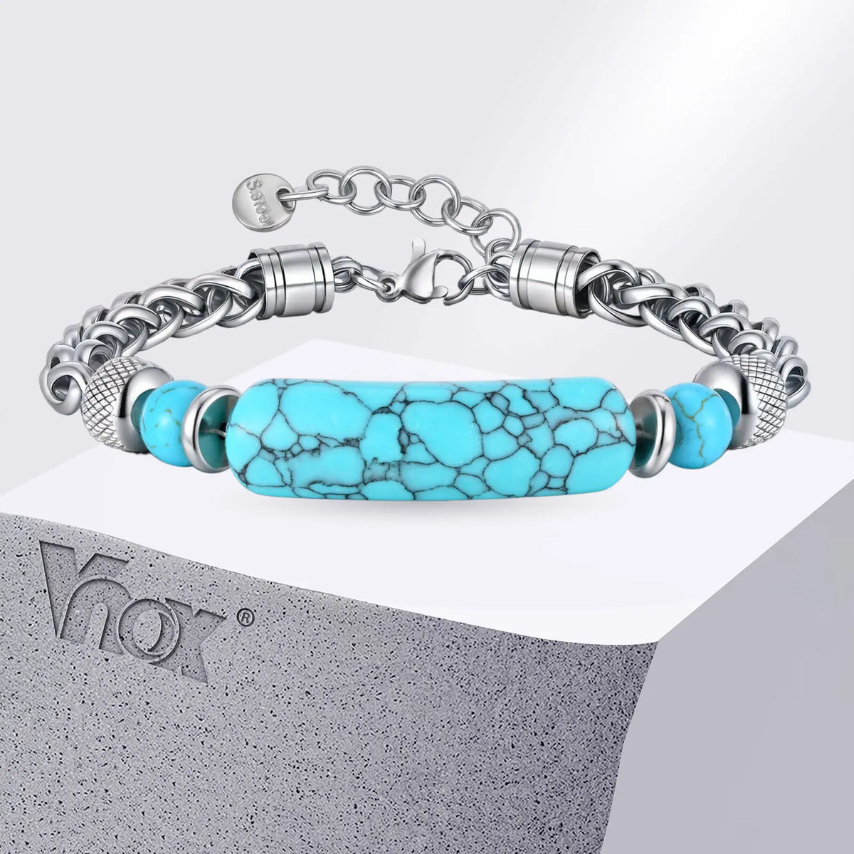 Vnox Stainless Steel Natural Turquoise Bead Bracelet for Men, 19+3cm Adjustable Chain Wristband