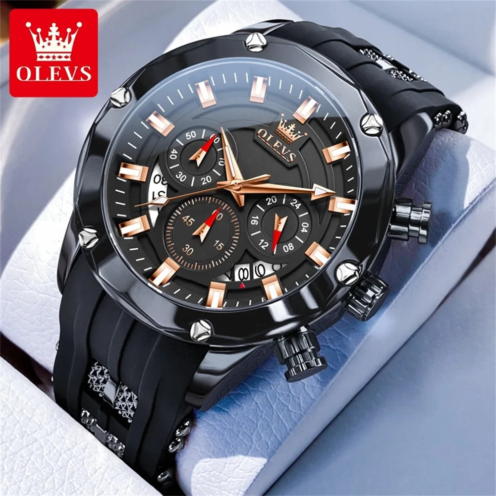 OLEVS 9991 Top Trendy Men's Watch Waterproof Silicone Strap Luxury Multifunctional Chronograph Brand Sports Quartz Men's Watch mbzr