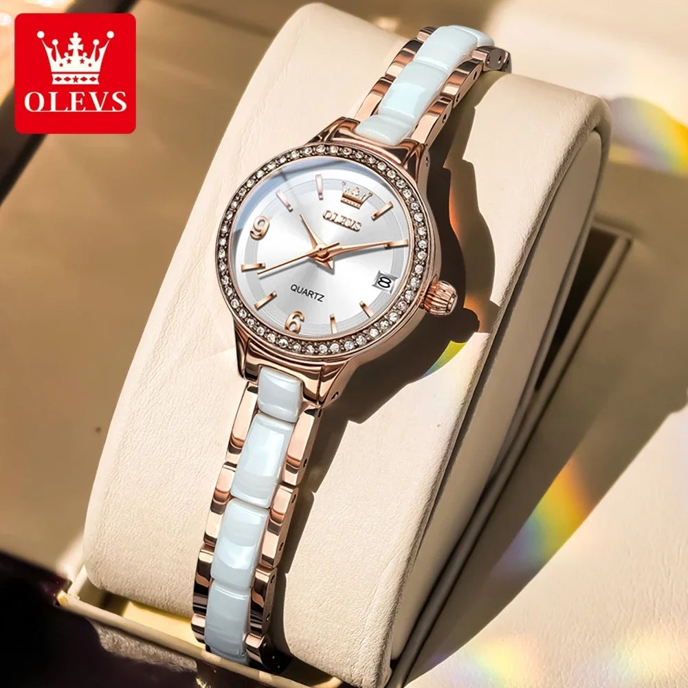 OLEVS Luxury Quartz Watch Women Elegant Ceramics Strap Waterproof Auto Date Luxury Lap Ladies Watches 7093 mbzr