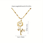 1pc romantic rose pendant necklace elegant-inlaid with titanium stainless steel chain delicate flower jewelry ladies Valentine's Day gift daily stacking.