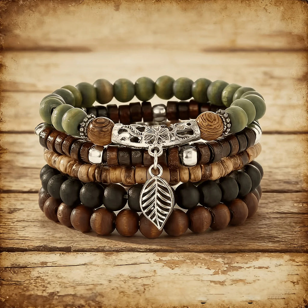 5Pcs Retro Bohemian Wooden Bead Coconut Shell Bracelet Set Handmade Beaded Stackable Wrist Jewelry for Unisex