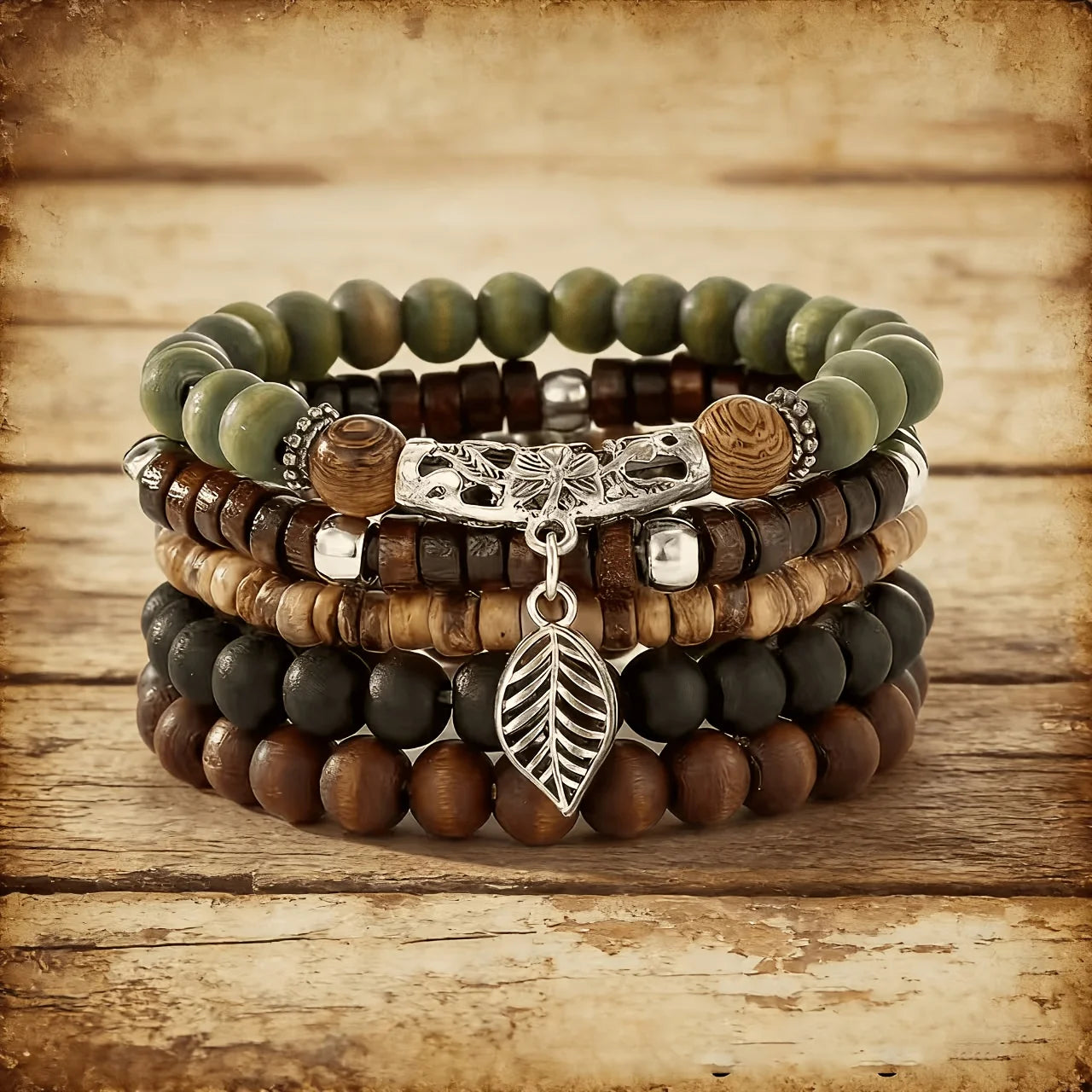 5Pcs Retro Bohemian Wooden Bead Coconut Shell Bracelet Set Handmade Beaded Stackable Wrist Jewelry for Unisex