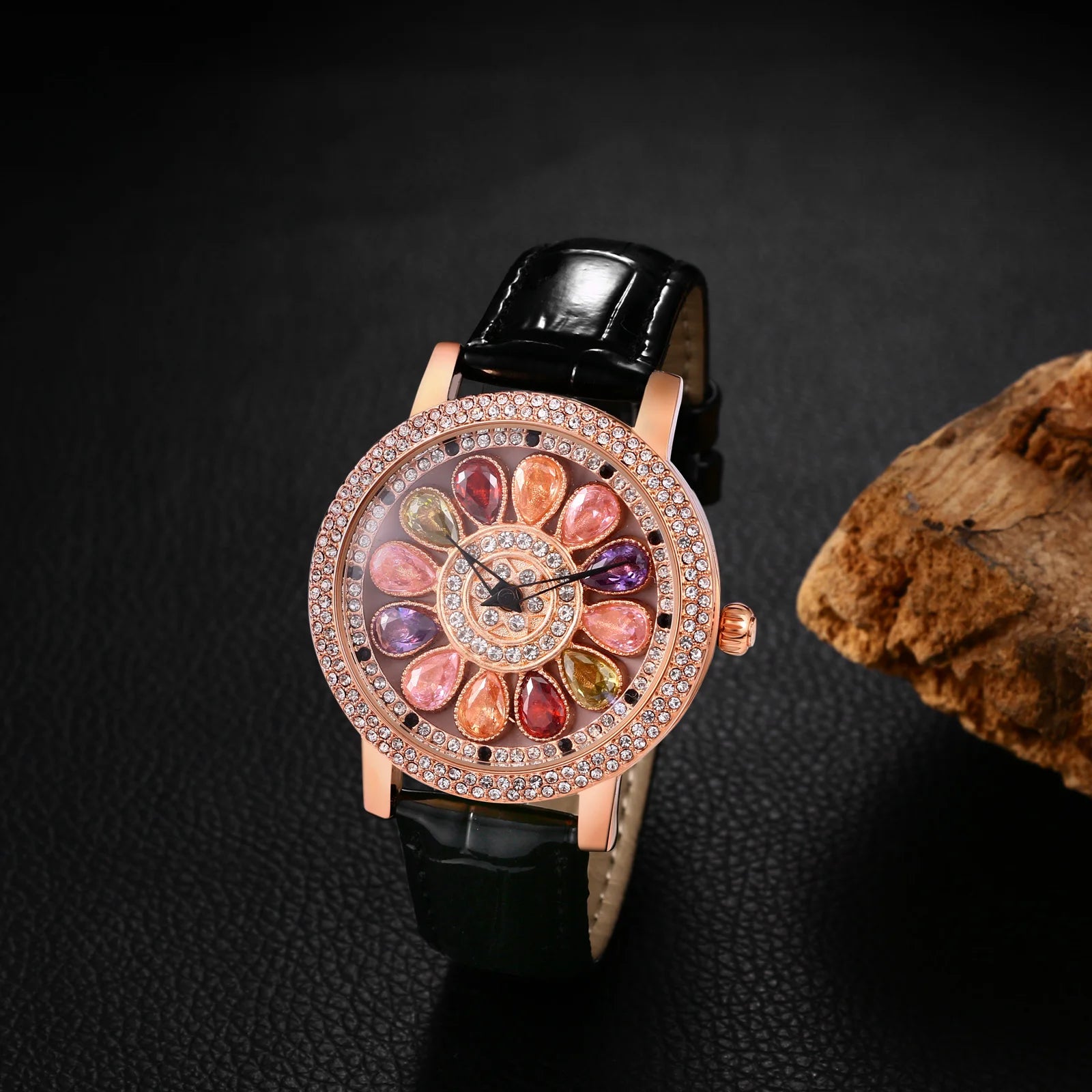LANCARDO Crystal Diamond Leather Waterproof Watch Quartz Crystal Rotary Decompress Rhinestone Case Women's Home Business Casual