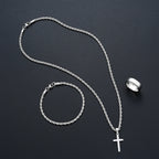 Stainless Steel Simple Jewelry Set For Men Women Fashion Silver Color Cross Pendant Twisted Rope Necklace Bracelets Ring Gifts