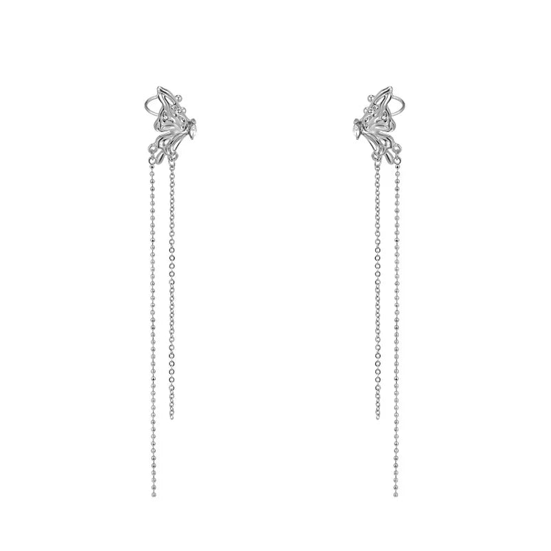2026 Fashion Butterfly Ear Clips Women's Ear Piercing Tassel Ear Bone Clips Niche Feeling Wings Ear Hanging Ear Bone Earrings