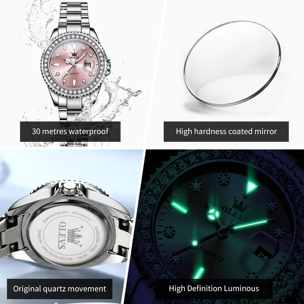 OLEVS 9945 Luxury Women Original Quartz Movement Watch Diamond Scale Stainless Steel Bracelet Luminous Function 30M Waterproof Watch mbzr