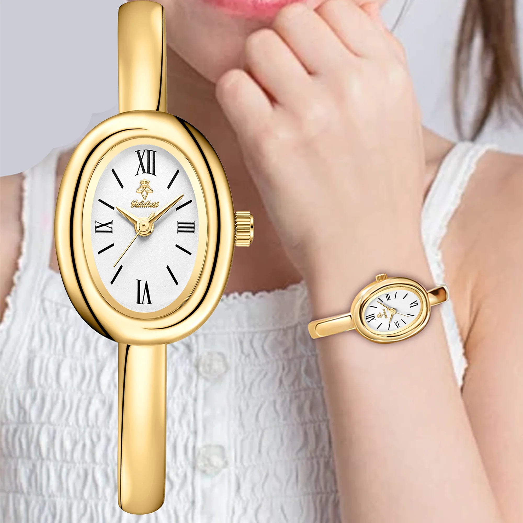 YaLaLuSi Vintage Green Oval Dial Gold Bangle Watch Elegant Retro Roman Numeral Ladies Quartz Wristwatch Luxury Women  Gift