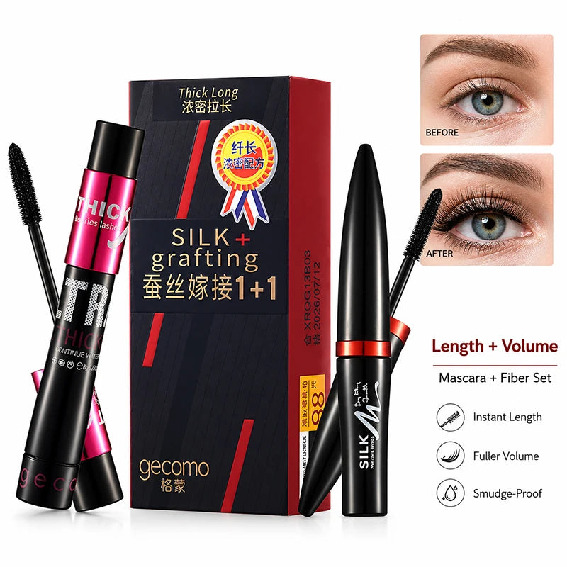 2-Step Mascara & Fiber Lash Extension Set, Lengthening Volumizing Waterproof Curling Mascara, Smudge-Proof Eye Makeup mbzr