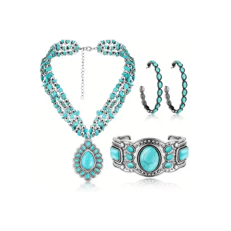 Women's Three-Piece Bohemian Jewelry Set, including a long necklace with Bohemian pendant, stackable bracelets and drop earrings mbzr