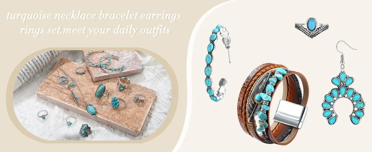 Bohemian Turquoise Jewelry Set Pendant Choker Necklace Faux Leather Cuff Bracelet Hoop Dangle Earrings mbzr