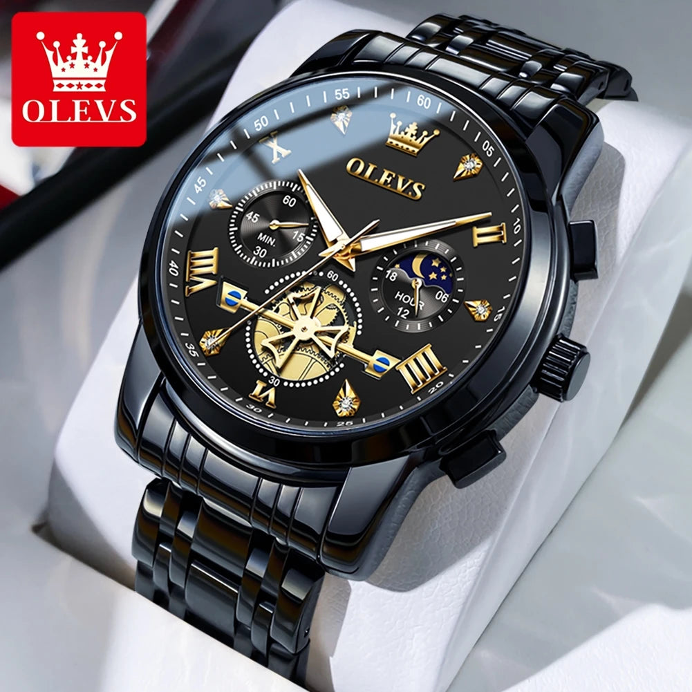 OLEVS 2856 Quartz Watch for Men Flywheel Skeleton Chronograph Moon Phase Multifunctional Stainless steel Men's Wristwatches