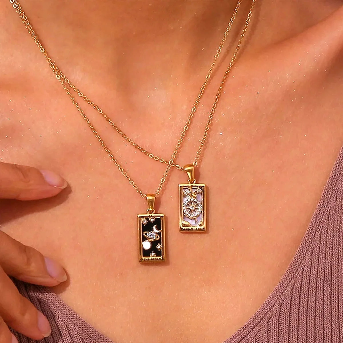 YILUOCD Original Zirconia Tarot Card Necklace Classic Tarot Queen Lover Magician Moon Wealth Amulet Stainless Steel Jewelry