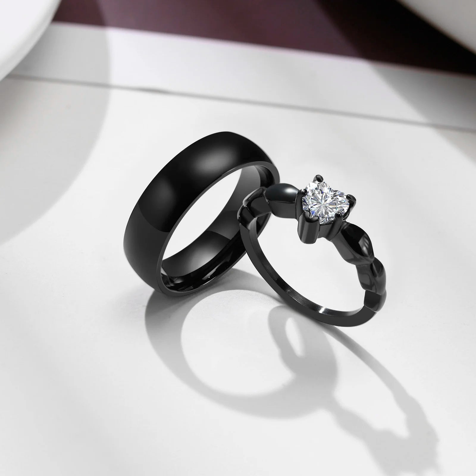Vnox Romantic Heart CZ Stone Couple Wedding Rings for Women Men Black Color Stainless Steel Bands Engagement Jewelry  Love Gift