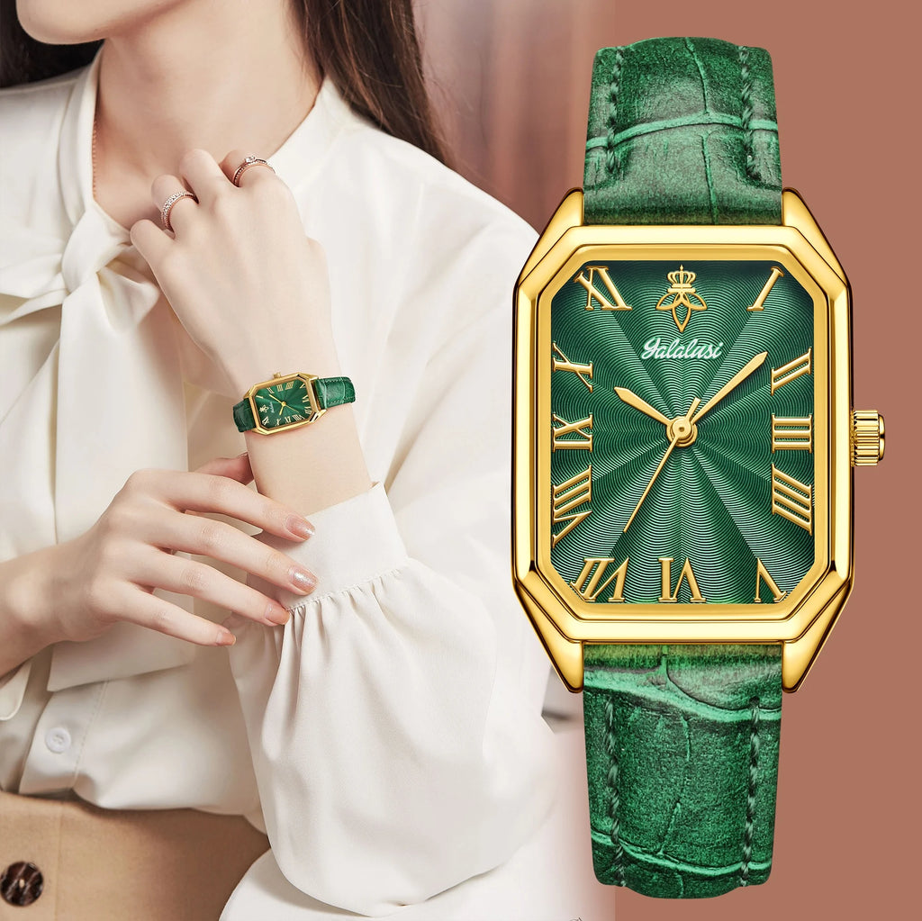 YaLaLuSi Vintage Gold Ladies Watch Irregular Octagon Rectangle Emerald Green Dial Croc Embossed Leather Band Elegant Roman Scale Quartz Wristwatch For Women
