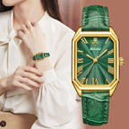 YaLaLuSi Vintage Gold Ladies Watch Irregular Octagon Rectangle Emerald Green Dial Croc Embossed Leather Band Elegant Roman Scale Quartz Wristwatch For Women