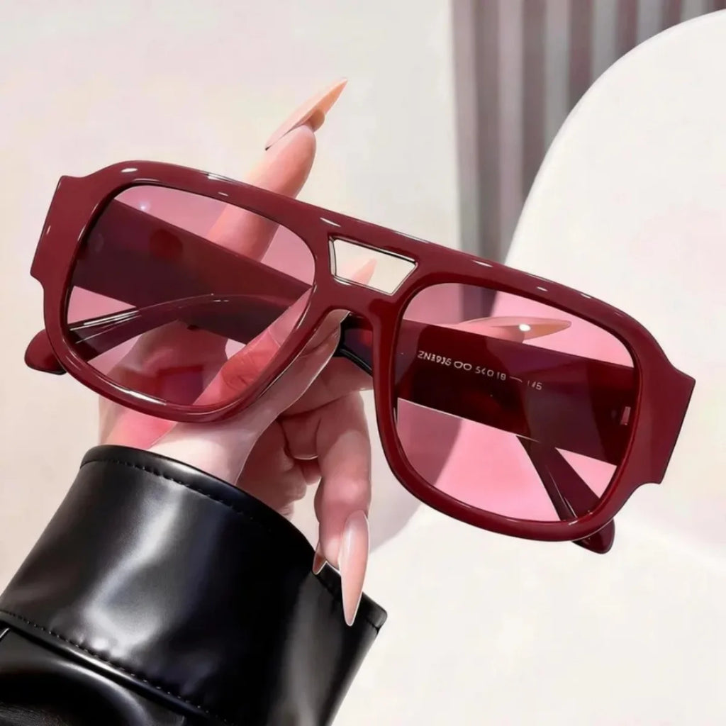 Retro Square Aviator Sunglasses — Burgundy Frames with a Cutout Bridge Design mbzr