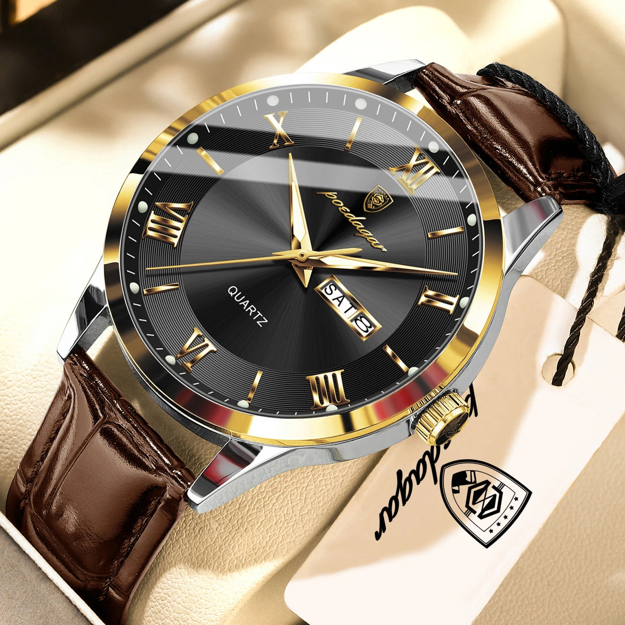 POEDAGAR Original Fashion Men's Watches Leather Date Week High Quality Quartz Men Wristwatch Waterproof Luminous Business Watches For Man Male Reloj
