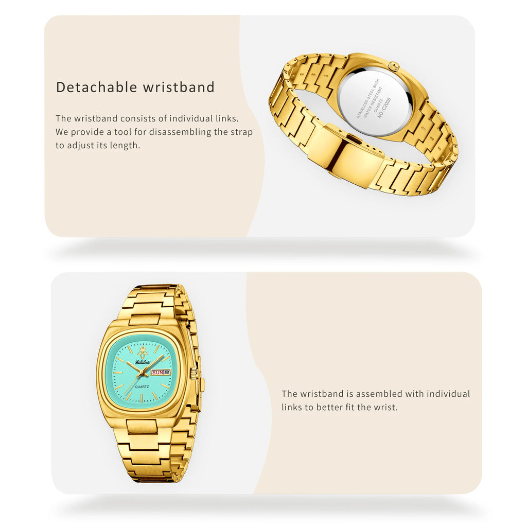 YaLaLuSi Vintage Tonneau Square White Dial Women Watch Day Date Display Brushed Solid Link Gold Bracelet Quiet Luxury Waterproof Ladies Quartz Wristwatch For Office Daily Commute