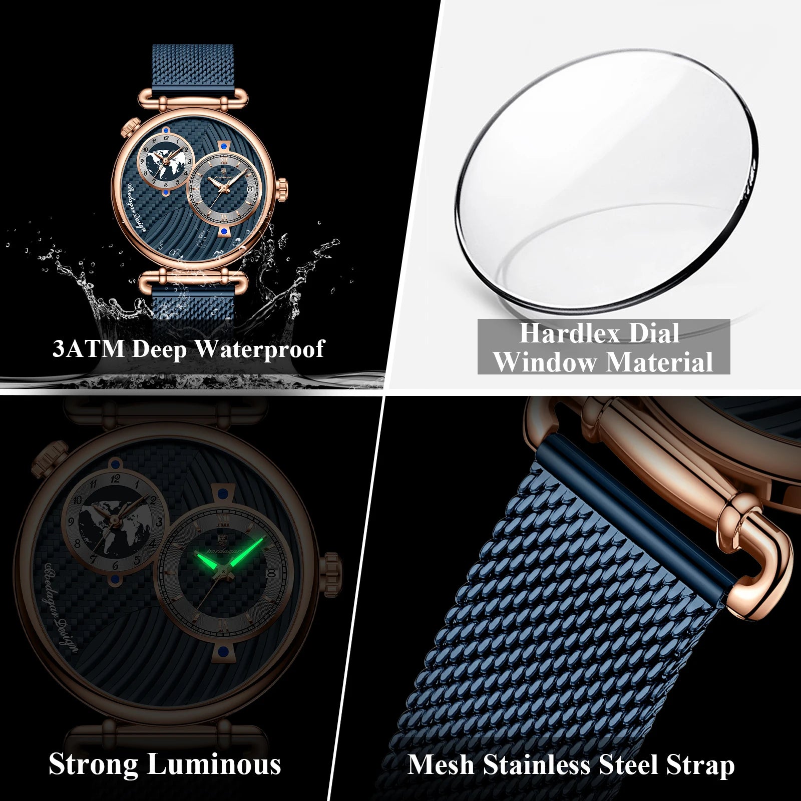 POEDAGAR Original Fashion Man Wristwatch Multiple Time Zone Display Waterproof Calendar Men Watch Mesh Stainless Steel Quartz Business Men's Watches Reloj