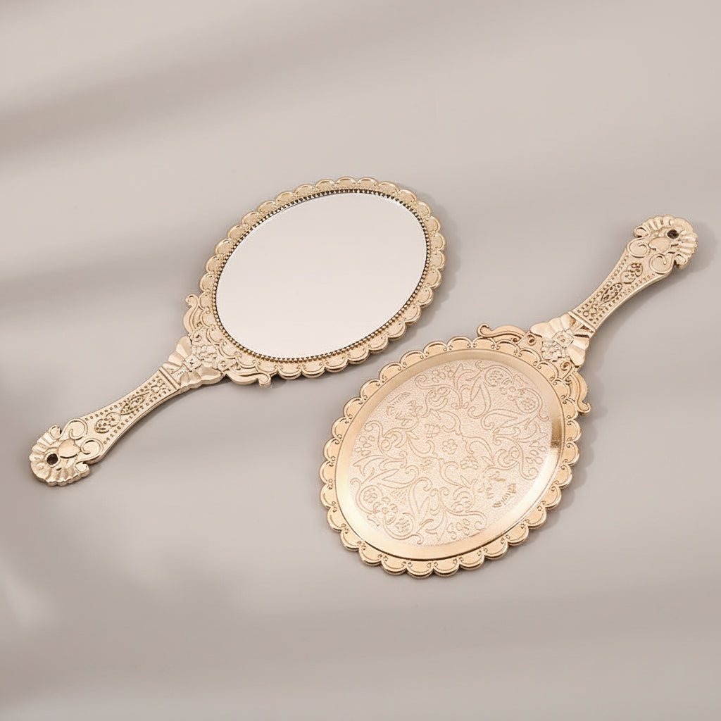 Rose Gold Portable Vintage Makeup Mirror Hand Hold Oval Round Mirror Noble Restore Ancient Ways Court Mirror Beauty Tool mbzr