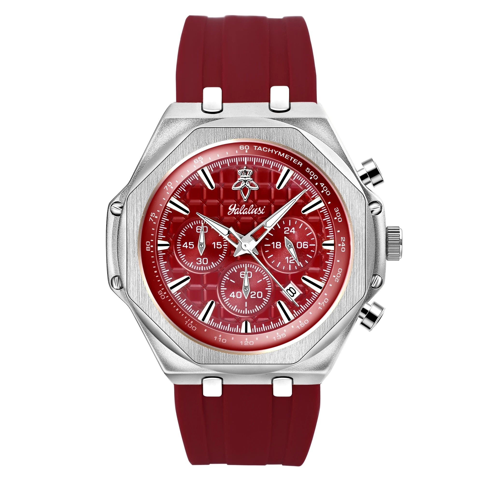 YaLaLuSi Octagon Gold Case Men Chronograph Watch Burgundy Red Grid Dial Silicone Strap Tachymeter Multi Sub Dial Date Waterproof Sports Quartz Wristwatch