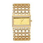 Gold Rectangle Women Watch Full Rhinestone Bezel Wide Hollow Link Bracelet Luxury Bling White Dial Fashion Ladies Quartz Dress Wristwatch For Party Wedding