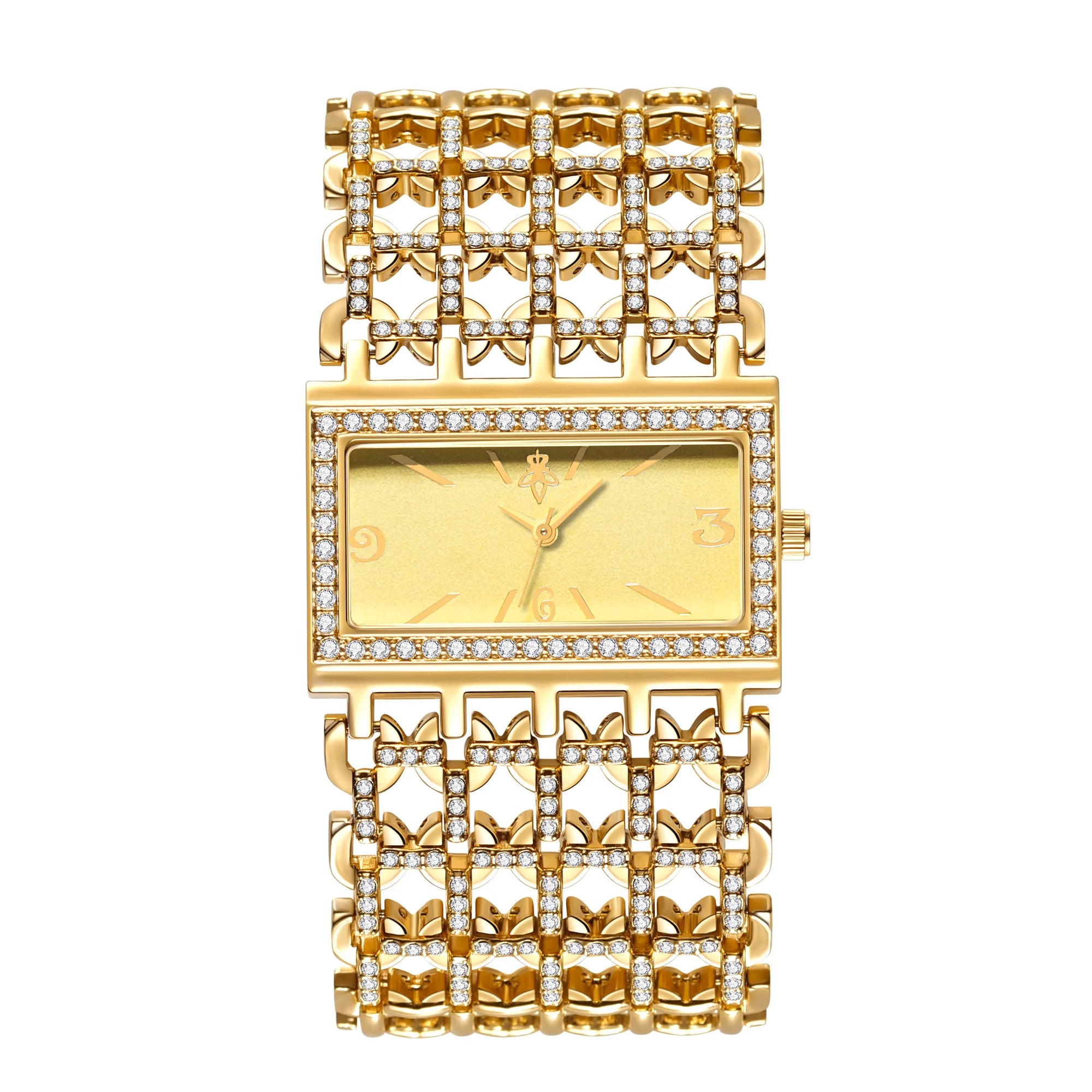 Gold Rectangle Women Watch Full Rhinestone Bezel Wide Hollow Link Bracelet Luxury Bling White Dial Fashion Ladies Quartz Dress Wristwatch For Party Wedding