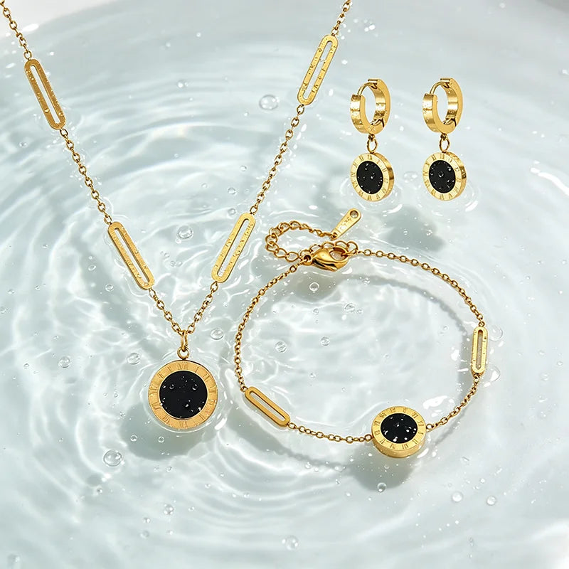 Roman Numeral Round Pendant Jewelry Set For Women, Stainless Steel Necklace Bracelet Hoop Earrings Set, Waterproof Hypoallergenic Non-Tarnish Black Acrylic Fashion Jewellery Gift