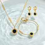Roman Numeral Round Pendant Jewelry Set For Women, Stainless Steel Necklace Bracelet Hoop Earrings Set, Waterproof Hypoallergenic Non-Tarnish Black Acrylic Fashion Jewellery Gift