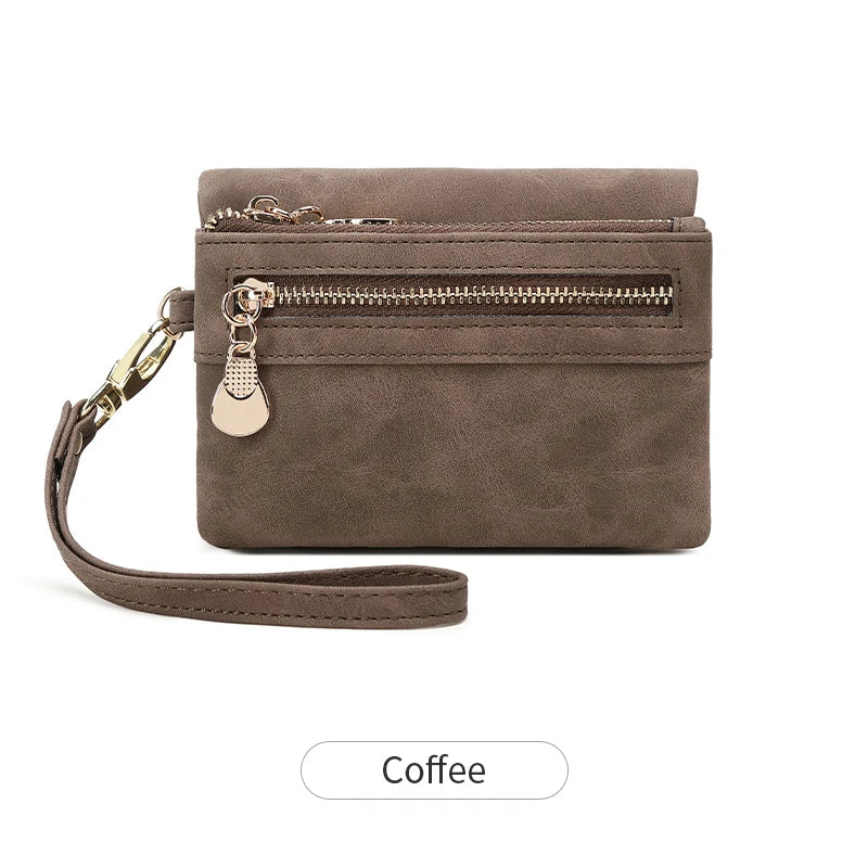 Retro double  fold PU leather short wallet with zipper coin pocket  multiple card slots and wrist band casual portable card clip mbzr