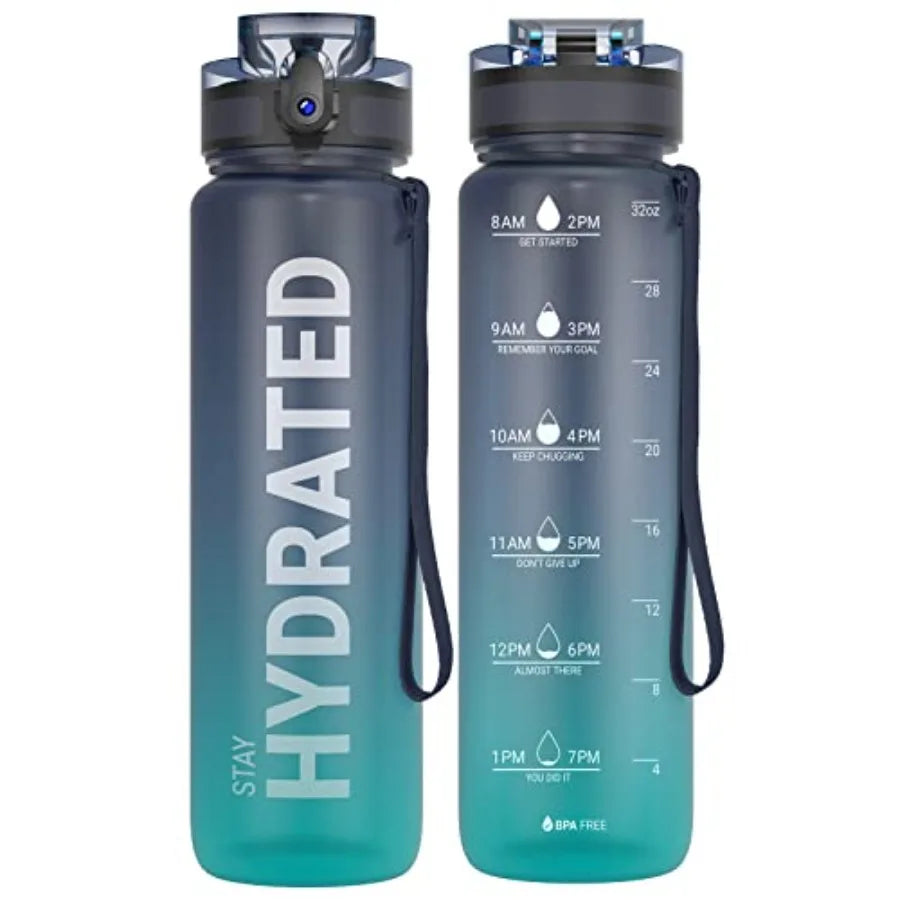 Water Bottle 32oz, Durable and Leakproof Water Bottles Motivational with Time Marker, Tritan, BPA Free, Wide Mouth with Easy Cl mbzr