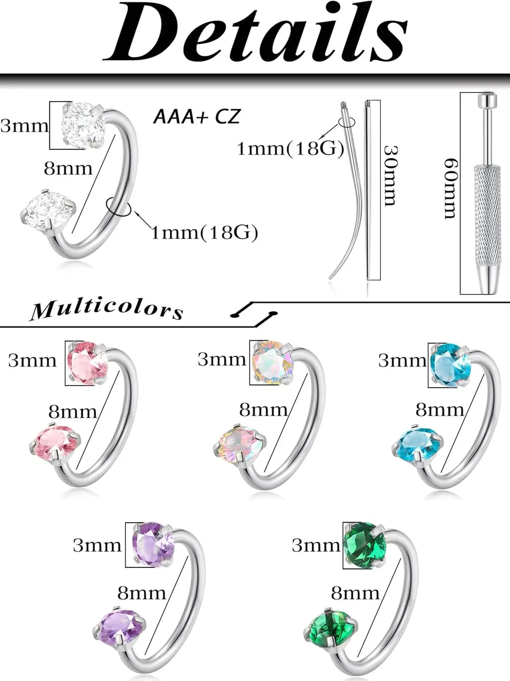 Tornito Horseshoe Nose Rings Half Hoop Earrings For Women Internally Threaded Double CZ Daith Tragus Helix Earring Lip Labret Septum Piercing 18G 20G 8mm Silver Gold Plated mbzr