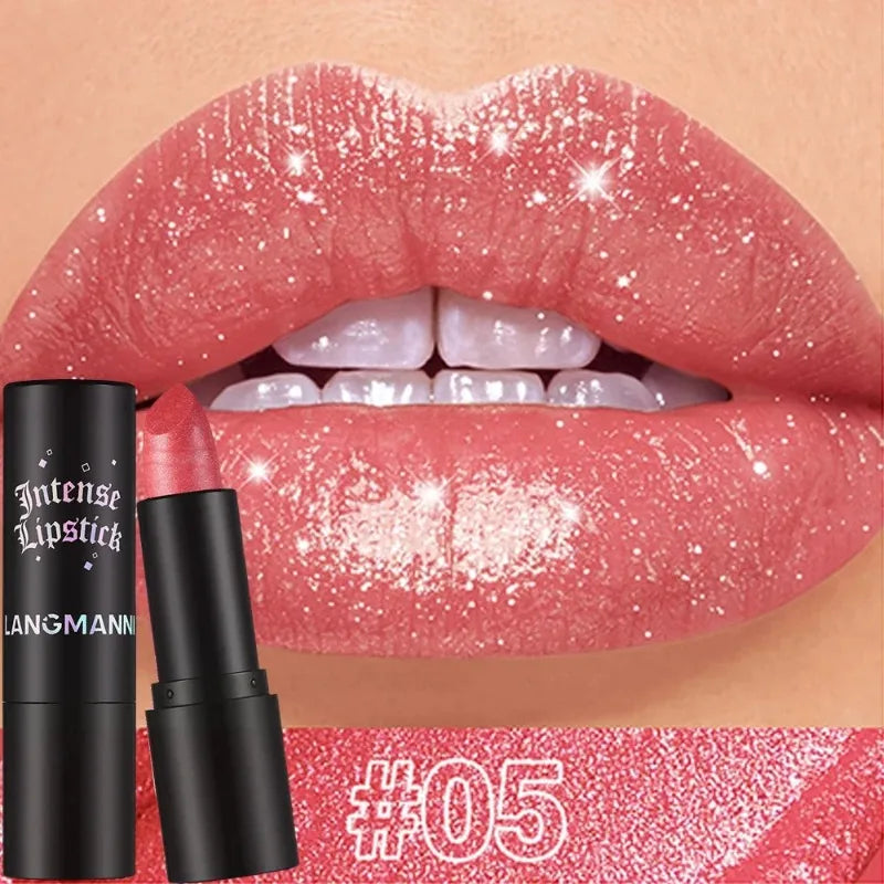 Glitter Lipstick Nude Gray Metallic Diamond Waterproof Long-Lasting Shiny Gloss Pearl Lip Tint Makeup