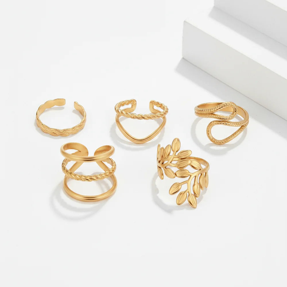 5-Piece Stainless Steel Leaf-Shaped Geometric Openwork Ring Set For Women Minimalist, Sophisticated Adjustable