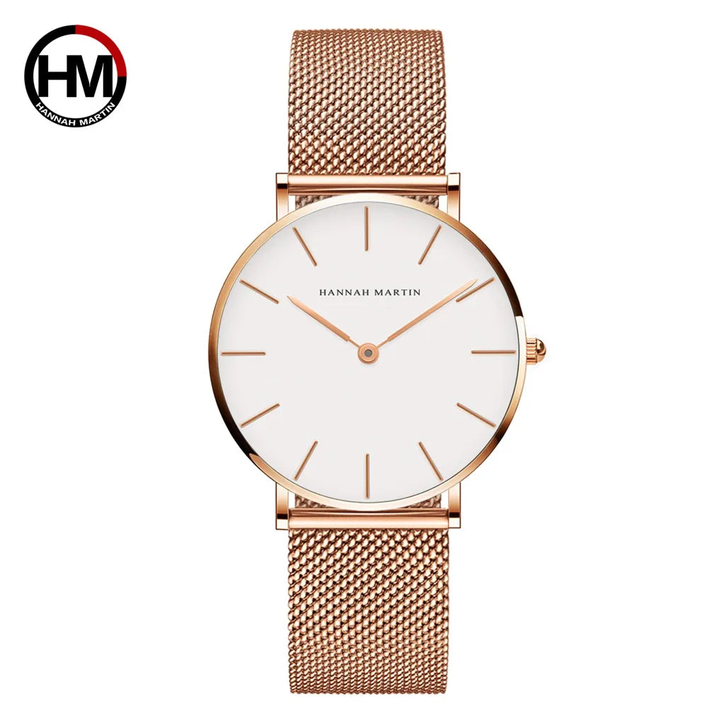 HANNAH MARTIN Top Brand Hot Selling Original Quartz Watch Women Simple Elegant Steel 36mm Japanese Movement Clock Banquet Matching & Work Leisure Watches Ladies Local Japan Quartz Movement Stainless Steel Mesh Rose Gold Water
