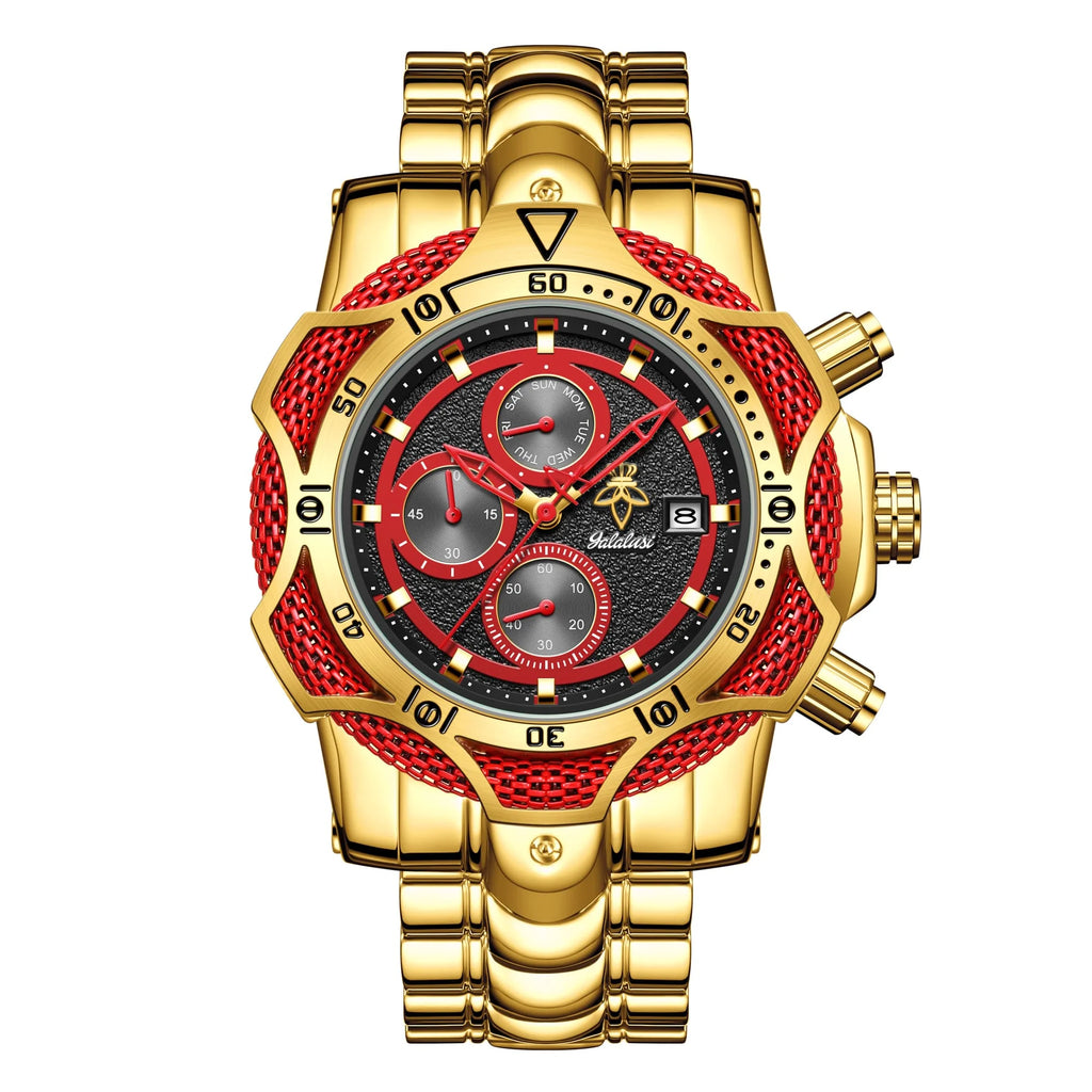 YaLaLuSi Two Tone Gold Red Mens Racing Wristwatch Large Rugged Case Multi-Function Chrono Timer Luminous Indices Polished Metal Band Fashion Quartz Watch For Workout Motorcycle Camping
