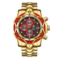 YaLaLuSi Two Tone Gold Red Mens Racing Wristwatch Large Rugged Case Multi-Function Chrono Timer Luminous Indices Polished Metal Band Fashion Quartz Watch For Workout Motorcycle Camping