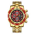 YaLaLuSi Two Tone Gold Red Mens Racing Wristwatch Large Rugged Case Multi-Function Chrono Timer Luminous Indices Polished Metal Band Fashion Quartz Watch For Workout Motorcycle Camping