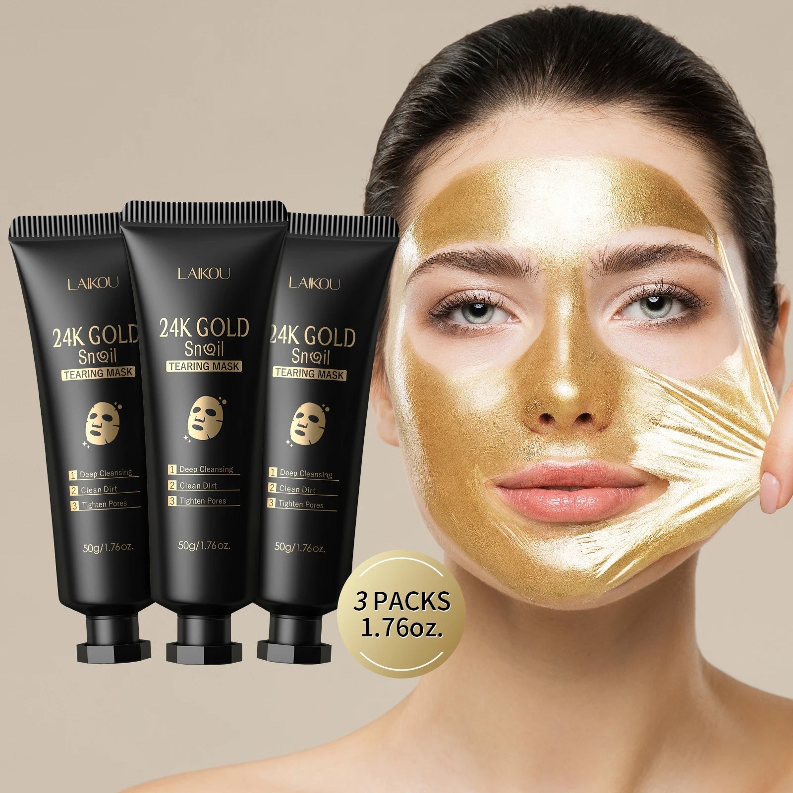 LAIKOU 24K Gold Snail Peel-Off Mask 3PCS Deep Cleansing Pore Tightening Blackhead Removal Detoxifying Facial Treatment 50g mbzr