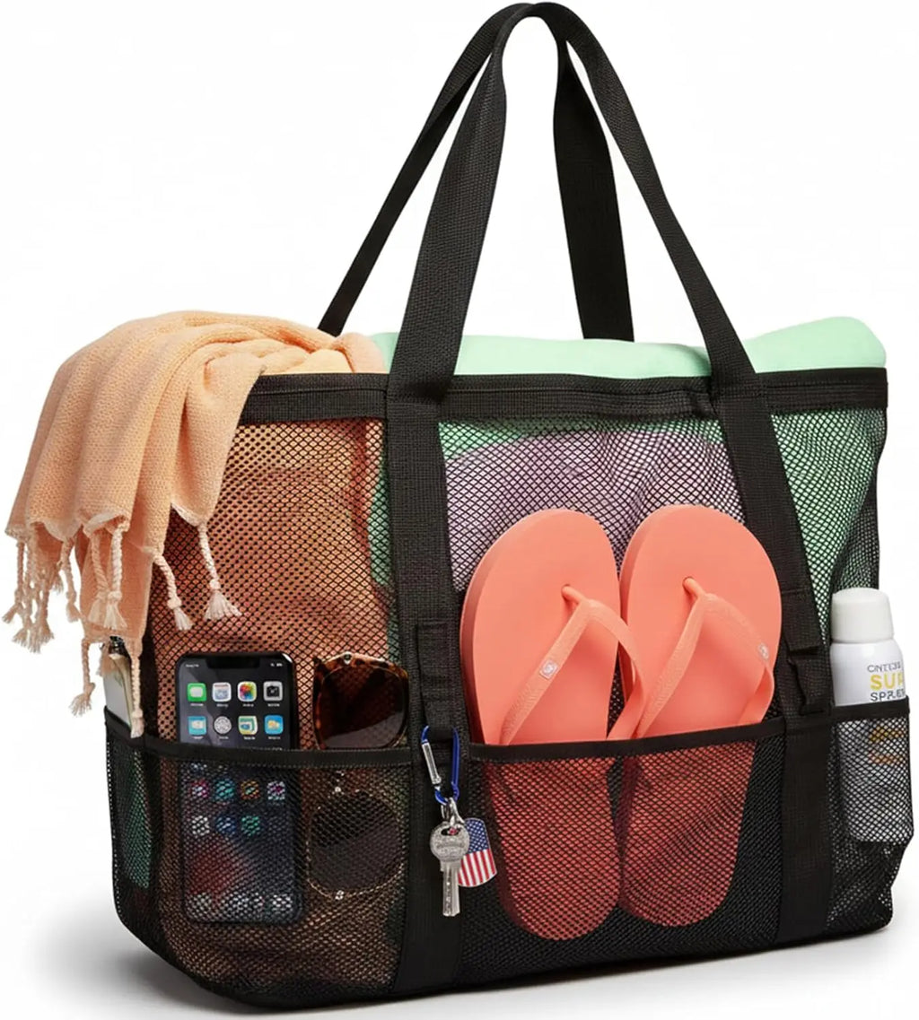 Mesh Beach Bag Family - Large Tote Bag 9 Pockets for Swim Pool Toys Cruise Beach Vacation Essentials mbzr
