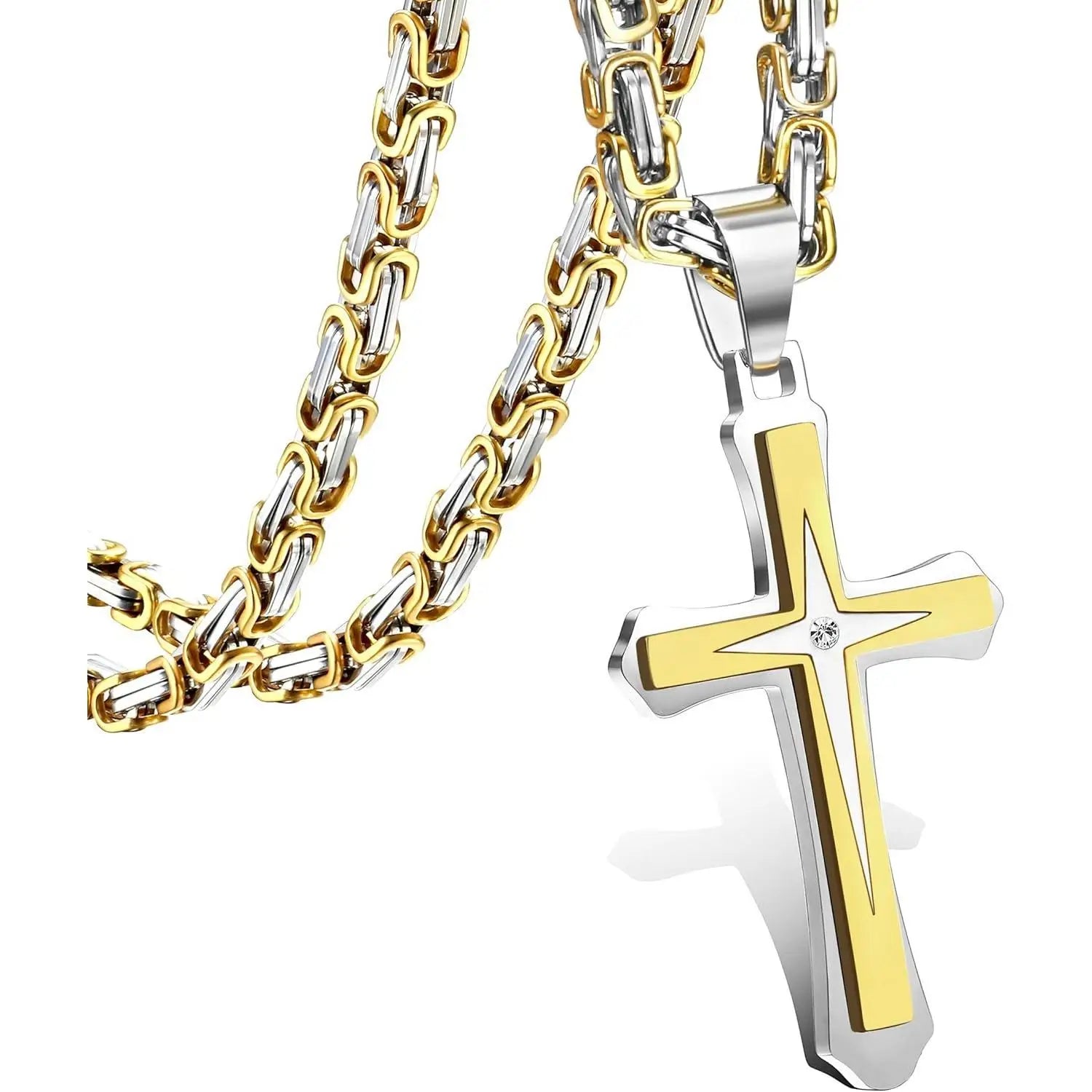 Black 14K Gold Plated Cross Necklace for Men Stainless Steel Byzantine Chain With Cross Pendant Necklace Mens Gifts 22-30Inch