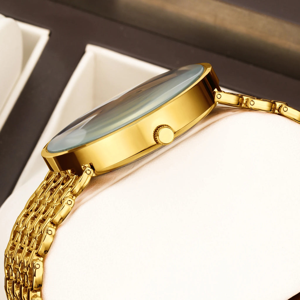 YaLaLuSi Full Gold Hollow Chain Ladies Watch Minimal Rhinestone Dot Dial Luxury Quartz Wristwatch Elegant Women  Gift