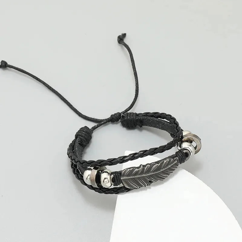 Vintage Bohemian Multi Layer PU Leather Wrap Bracelet Adjustable Pull Cord Unique Pattern Wrist Jewelry For Women Girls Daily Beach Party Birthday Gift For Her