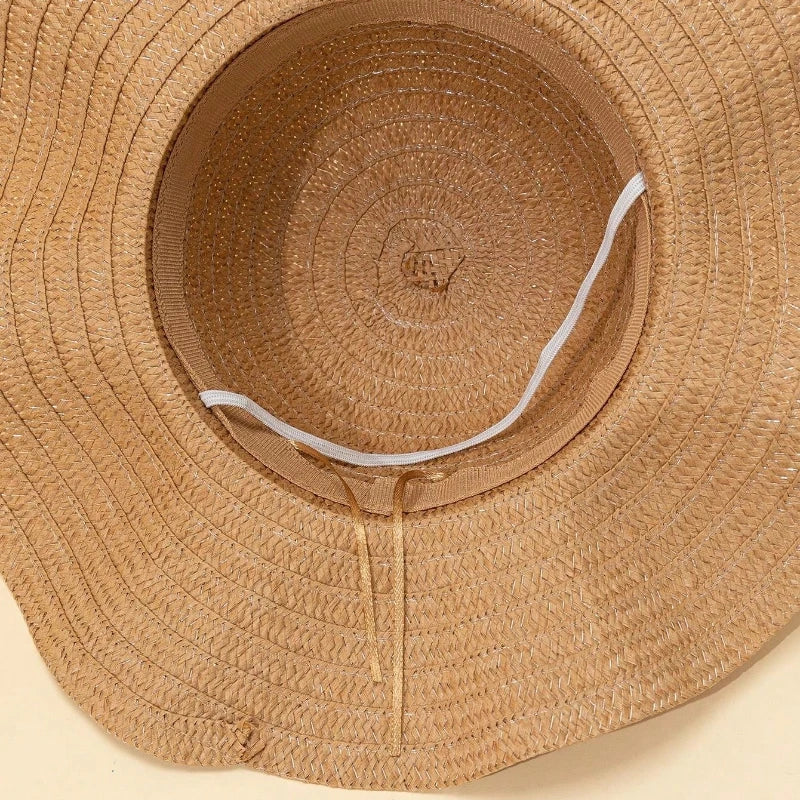 1pc Ladies' Khaki Wave Striped Bowknot Beach Hat, Boho Shell Hollow Elegant and Sun-Protected