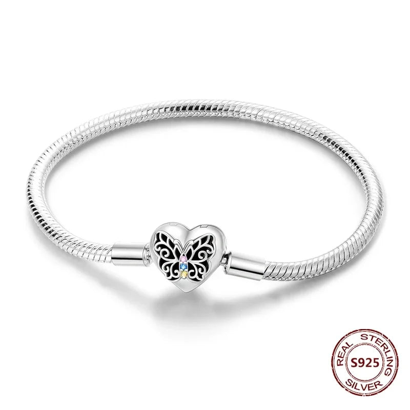 Silver 925 Bracelet Original Bracelets Colorful Zircon Heart Flower Cat Snake Chain For DIY Charms 17-20CM Luxury Jewelry Gifts mbzr
