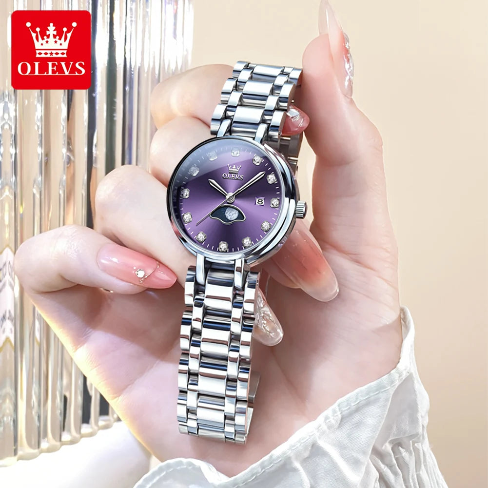 OLEVS 5573 Women's Watch Waterproof Star Moon Diamond Roman Scale Dial Solid Stainless Steel Elegant Luxury Quartz Women Watch mbzr