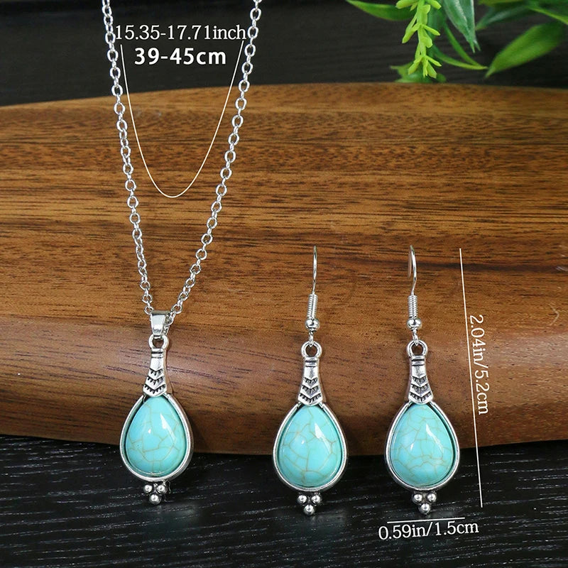 Vintage Bohemian Hollow Round Geometric Necklace Earrings Set for Women Indian Jewelry Ethnic Bule Beads Pendant Jewelry Sets mbzr